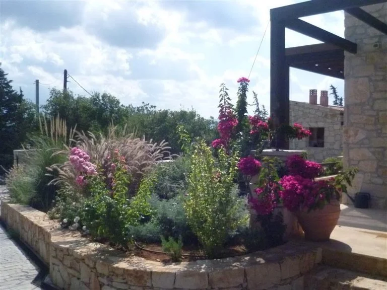 Colorful border full of flowers next to the house